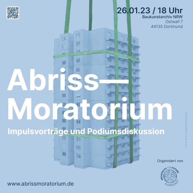Abrissmoratorium - Podiumsdiskussion im Baukunstarchiv NRW am 26.01.2023 um 18.00 Uhr